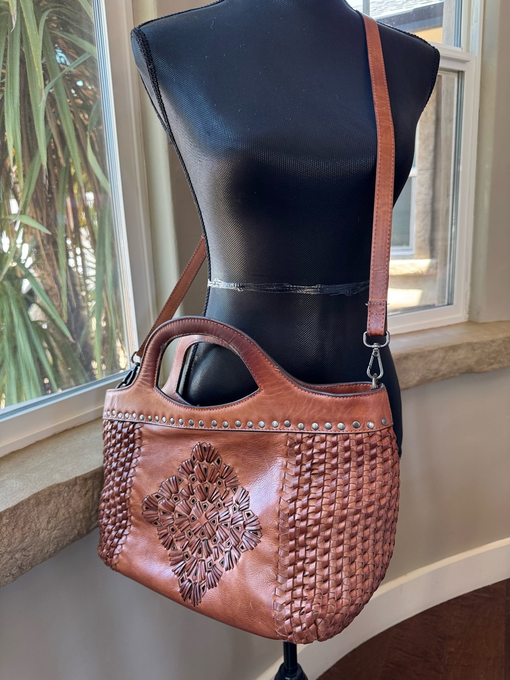 Handcrafted Brown Leather Woven Boho Mandala Shoulder Bag - Handbag - Purse - Picture 7 of 13